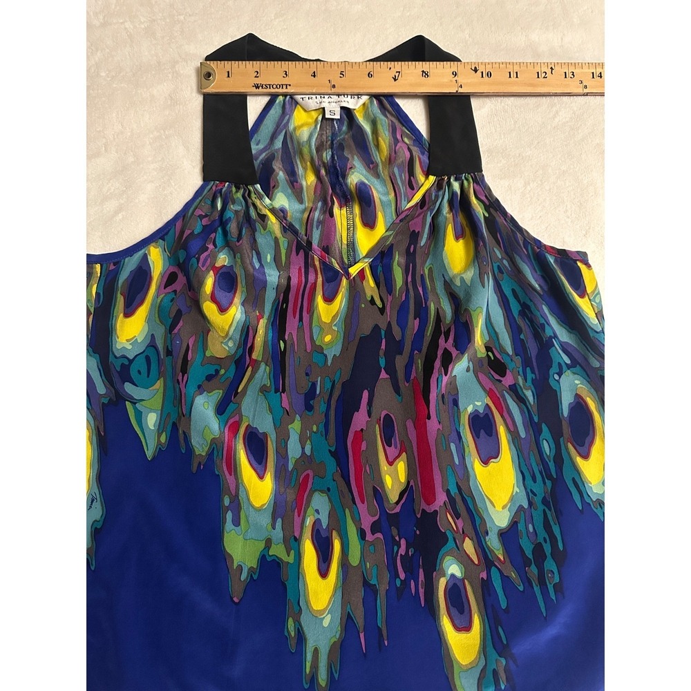 Trina Turk Silk Halter Top Blue Peacock Print V-Neck Women S Whimsigoth - Picture 13 of 15